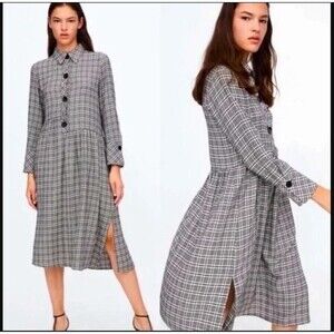 Zara Basics Plaid Black & White Checkered Asymmetrical Shirt Dress Medium